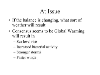 At Issue If the balance is changing, what sort of weather will result Consensus seems to be Global Warming will result in Sea level rise Increased bacterial activity Stronger storms Faster winds 