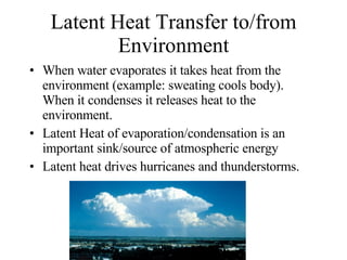 Latent Heat Transfer to/from Environment When water evaporates it takes heat from the environment (example: sweating cools body). When it condenses it releases heat to the environment. Latent Heat of evaporation/condensation is an important sink/source of atmospheric energy Latent heat drives hurricanes and thunderstorms.  