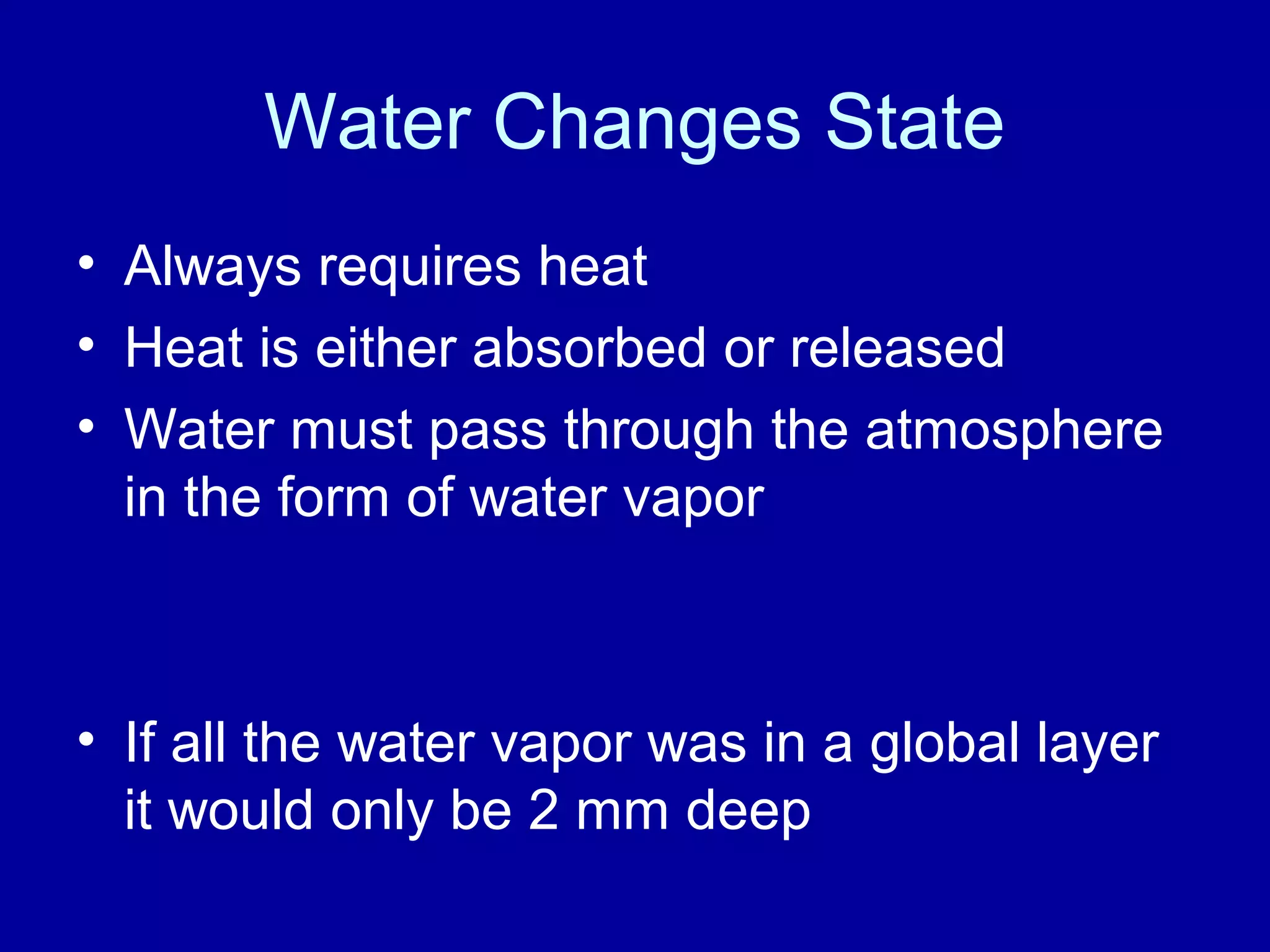 Water Changes State
• Always requires heat
• Heat is either absorbed or released
• Water must pass through the atmosphere
in the form of water vapor
• If all the water vapor was in a global layer
it would only be 2 mm deep
 
