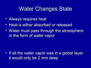 Water Changes State
• Always requires heat
• Heat is either absorbed or released
• Water must pass through the atmosphere
in the form of water vapor
• If all the water vapor was in a global layer
it would only be 2 mm deep
 
