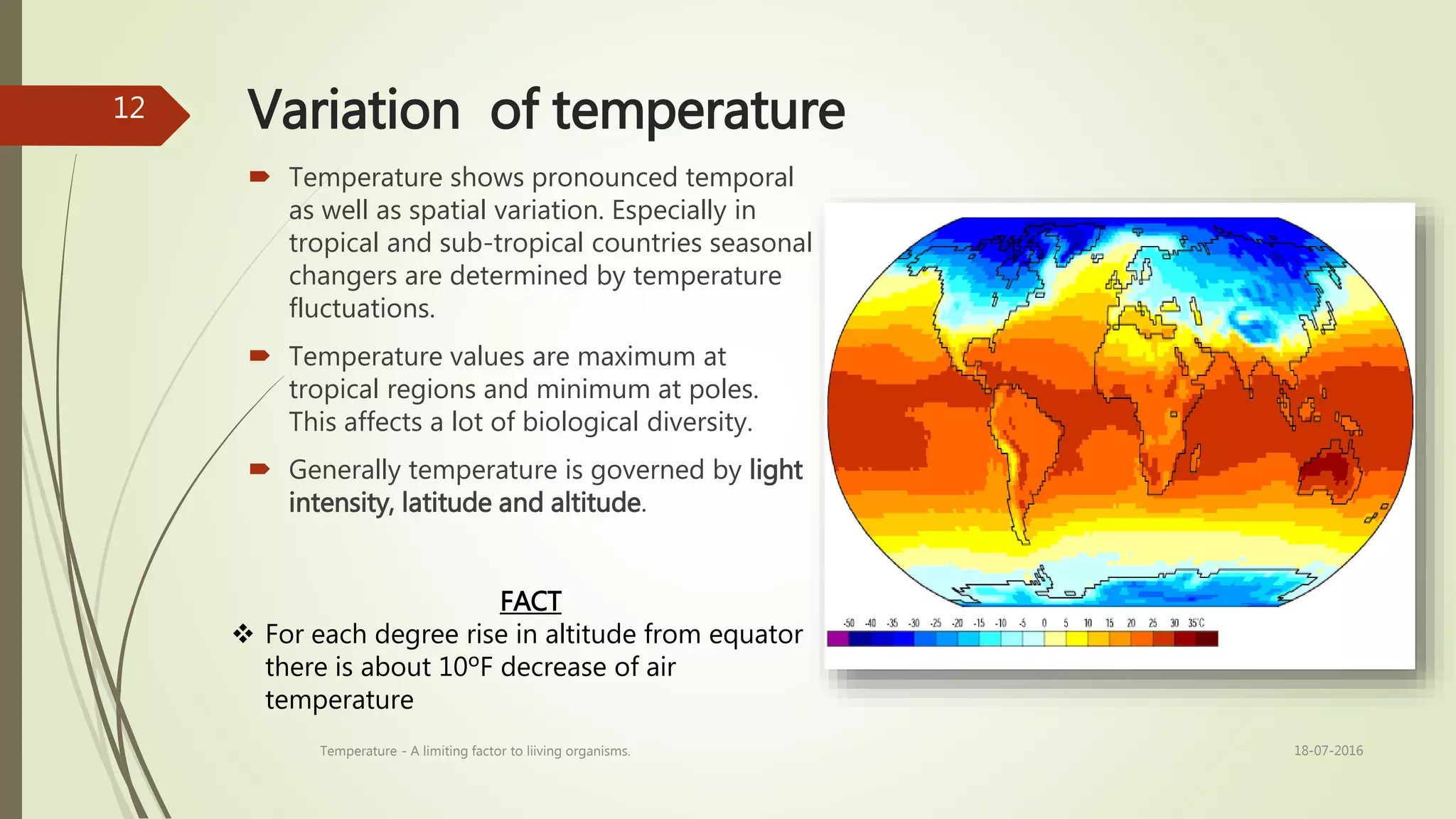 Variation of temperature
 Temperature shows pronounced temporal
as well as spatial variation. Especially in
tropical and sub-tropical countries seasonal
changers are determined by temperature
fluctuations.
 Temperature values are maximum at
tropical regions and minimum at poles.
This affects a lot of biological diversity.
 Generally temperature is governed by light
intensity, latitude and altitude.
FACT
 For each degree rise in altitude from equator
there is about 10ºF decrease of air
temperature
18-07-2016Temperature - A limiting factor to liiving organisms.
12
 