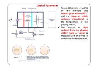 Optical Pyrometer
 An optical pyrometer works
on the principle that
matters glow above 480° C
and the colour of visible
radiation proportional to
the temperature of the
glowing matter.
 The amount of light
radiated from the glowing
matter (Solid or Liquid) is
measured and employed to
determine the temperature.
 