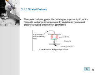 3.1.3 Sealed Bellows
• The sealed bellows type is filled with a gas, vapor or liquid, which
responds to change in temperature by variation in volume and
pressure causing expansion or contraction
14
 