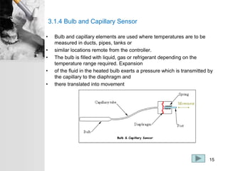 3.1.4 Bulb and Capillary Sensor
• Bulb and capillary elements are used where temperatures are to be
measured in ducts, pipes, tanks or
• similar locations remote from the controller.
• The bulb is filled with liquid, gas or refrigerant depending on the
temperature range required. Expansion
• of the fluid in the heated bulb exerts a pressure which is transmitted by
the capillary to the diaphragm and
• there translated into movement
15
 