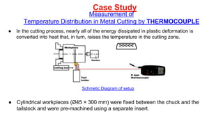Case Study
Measurement of
Temperature Distribution in Metal Cutting by THERMOCOUPLE
● In the cutting process, nearly all of the energy dissipated in plastic deformation is
converted into heat that, in turn, raises the temperature in the cutting zone.
● Cylindrical workpieces (Ø45 × 300 mm) were fixed between the chuck and the
tailstock and were pre-machined using a separate insert.
Schmetic Diagram of setup
 
