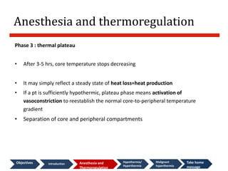 Anesthesia and thermoregulation
Phase 3 : thermal plateau
• After 3-5 hrs, core temperature stops decreasing
• It may simply reflect a steady state of heat loss=heat production
• If a pt is sufficiently hypothermic, plateau phase means activation of
vasoconstriction to reestablish the normal core-to-peripheral temperature
gradient
• Separation of core and peripheral compartments
Objectives introduction Anesthesia and
Thermoregulation
Hypothermia/
Hyperthermia
Malignant
hyperthermia
Take home
message
 