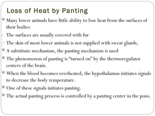Loss of Heat by Panting
Many lower animals have little ability to lose heat from the surfaces of
their bodies
1. The surfaces are usually covered with fur
2. The skin of most lower animals is not supplied with sweat glands,
A substitute mechanism, the panting mechanism is used
The phenomenon of panting is “turned on” by the thermoregulator
centers of the brain.
When the blood becomes overheated, the hypothalamus initiates signals
to decrease the body temperature.
One of these signals initiates panting.
The actual panting process is controlled by a panting center in the pons.
 