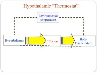 Environmental
temperature
Body
Tempetrature
Hypothalamic “Thermostat”
EffectorsHypothalamus
 