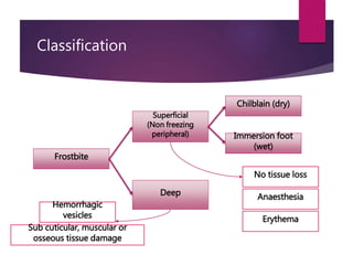 Classification
Frostbite
Superficial
(Non freezing
peripheral)
Deep
Chilblain (dry)
Immersion foot
(wet)
No tissue loss
Anaesthesia
Erythema
Hemorrhagic
vesicles
Sub cuticular, muscular or
osseous tissue damage
 