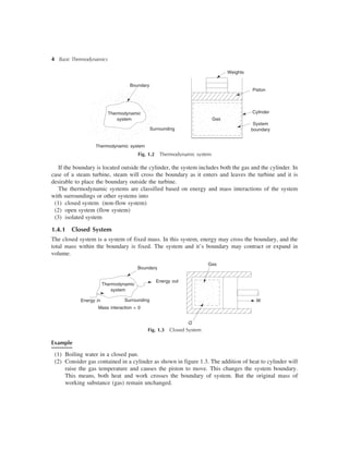 4 Basic Thermodynamics
Surrounding
Piston
Cylinder
Thermodynamic system
Fig. 1.2 Thermodynamic system
Boundary
Weights
Gas
System
boundary
Thermodynamic
system
If the boundary is located outside the cylinder, the system includes both the gas and the cylinder. In
case of a steam turbine, steam will cross the boundary as it enters and leaves the turbine and it is
desirable to place the boundary outside the turbine.
The thermodynamic systems are classified based on energy and mass interactions of the system
with surroundings or other systems into
(1) closed system (non-flow system)
(2) open system (flow system)
(3) isolated system
1.4.1 Closed System
The closed system is a system of fixed mass. In this system, energy may cross the boundary, and the
total mass within the boundary is fixed. The system and it’s boundary may contract or expand in
volume.
Boundary
Thermodynamic
system
Gas
WEnergy in
Mass interaction = 0
Energy out
Fig. 1.3 Closed System
Surrounding
Example
(1) Boiling water in a closed pan.
(2) Consider gas contained in a cylinder as shown in figure 1.3. The addition of heat to cylinder will
raise the gas temperature and causes the piston to move. This changes the system boundary.
This means, both heat and work crosses the boundary of system. But the original mass of
working substance (gas) remain unchanged.
Q
 