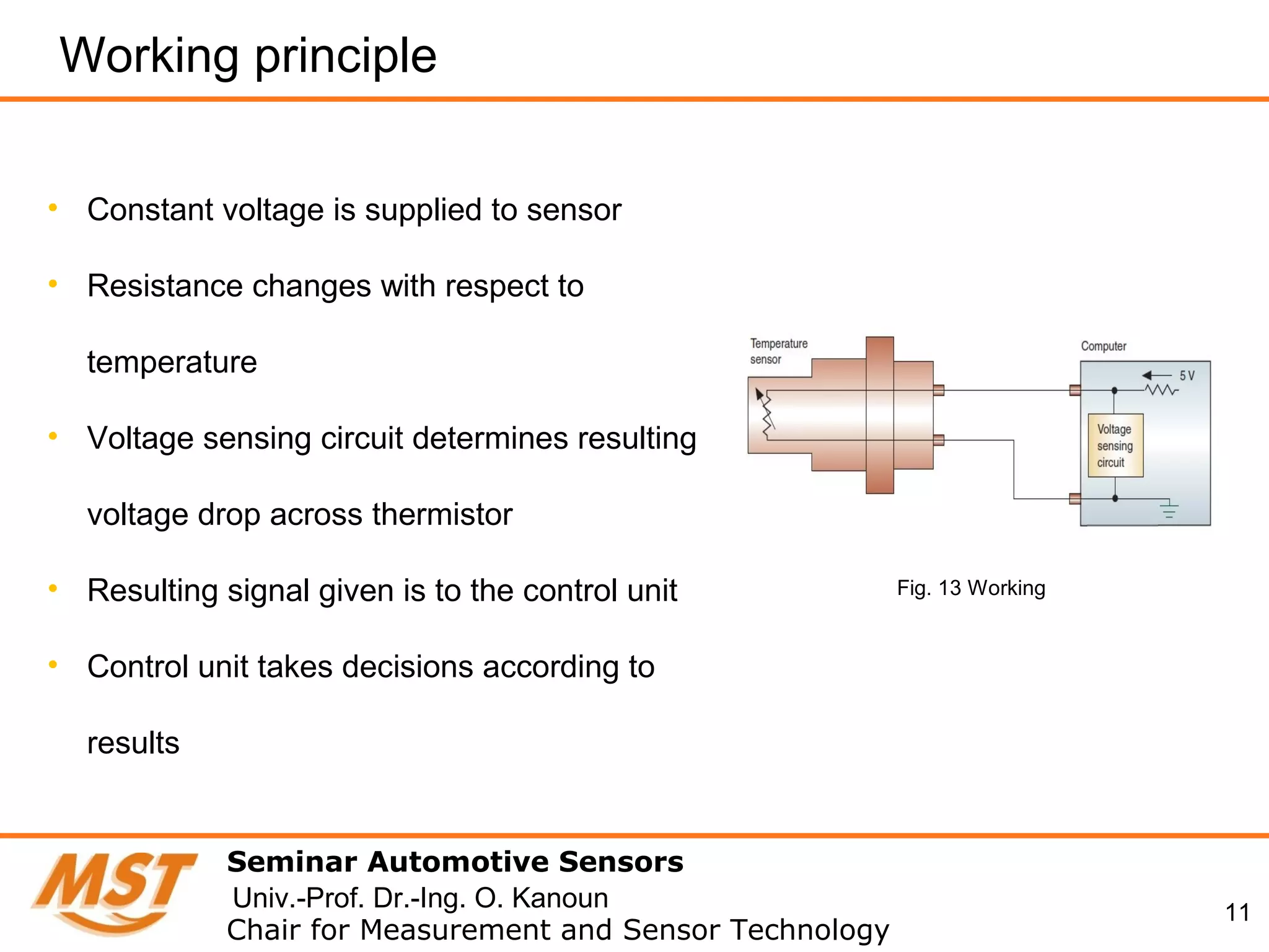 11
Working principle
Seminar Automotive Sensors
Chair for Measurement and Sensor Technology
Univ.-Prof. Dr.-Ing. O. Kanoun
• Constant voltage is supplied to sensor
• Resistance changes with respect to
temperature
• Voltage sensing circuit determines resulting
voltage drop across thermistor
• Resulting signal given is to the control unit
• Control unit takes decisions according to
results
Fig. 13 Working