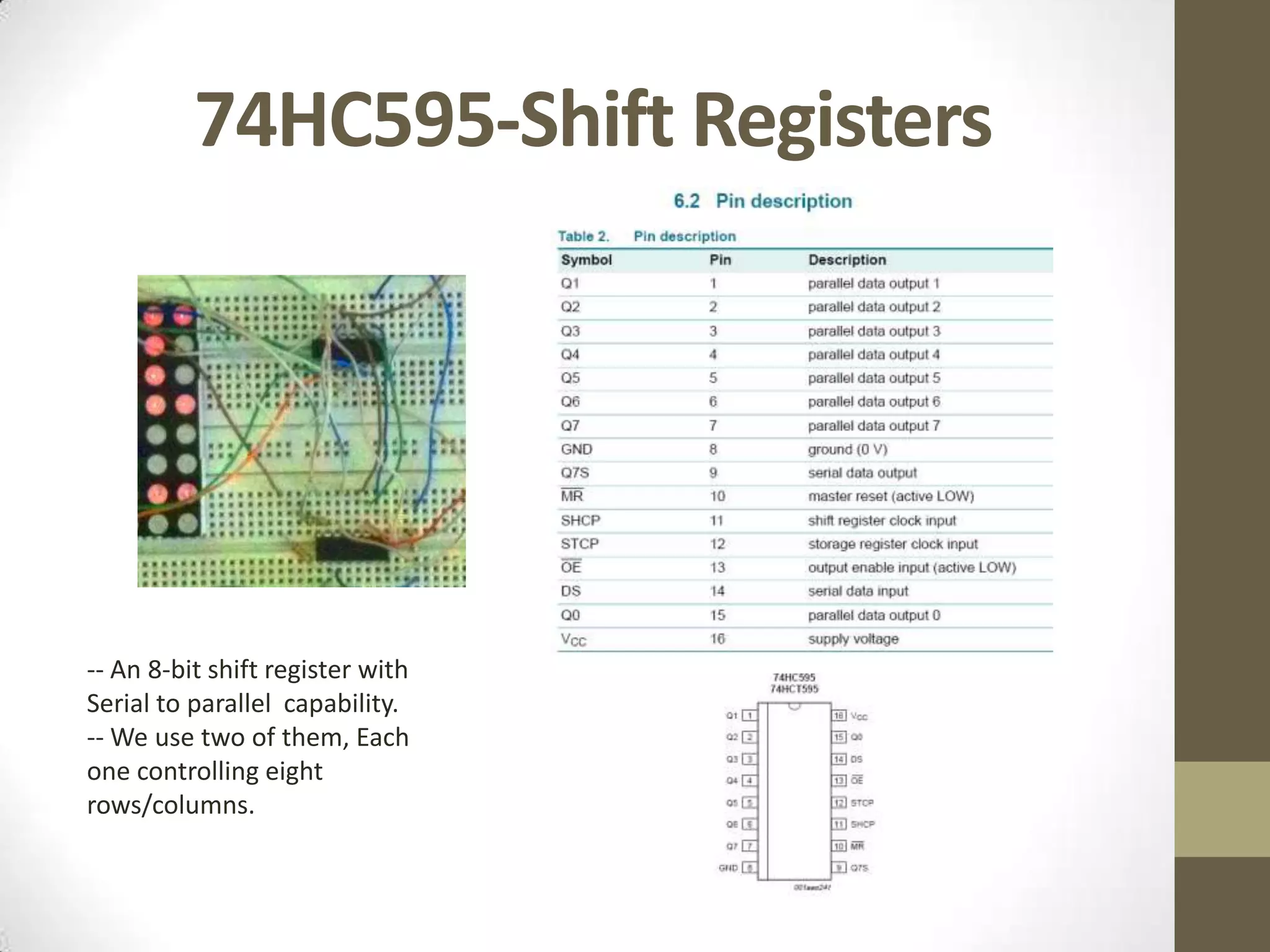 74HC595-Shift Registers -- An 8-bit shift register with Serial to parallel capability. -- We use two of them, Each one controlling eight rows/columns. 