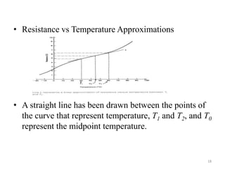 • Resistance vs Temperature Approximations
• A straight line has been drawn between the points of
the curve that represent temperature, T1 and T2, and T0
represent the midpoint temperature.
18
 