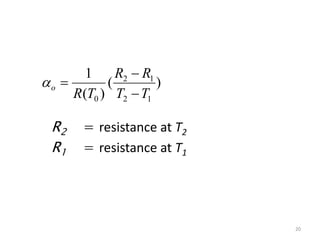 R2 = resistance at T2
R1 = resistance at T1
)
(
)
(
1
1
2
1
2
0 T
T
R
R
T
R
o




20
 