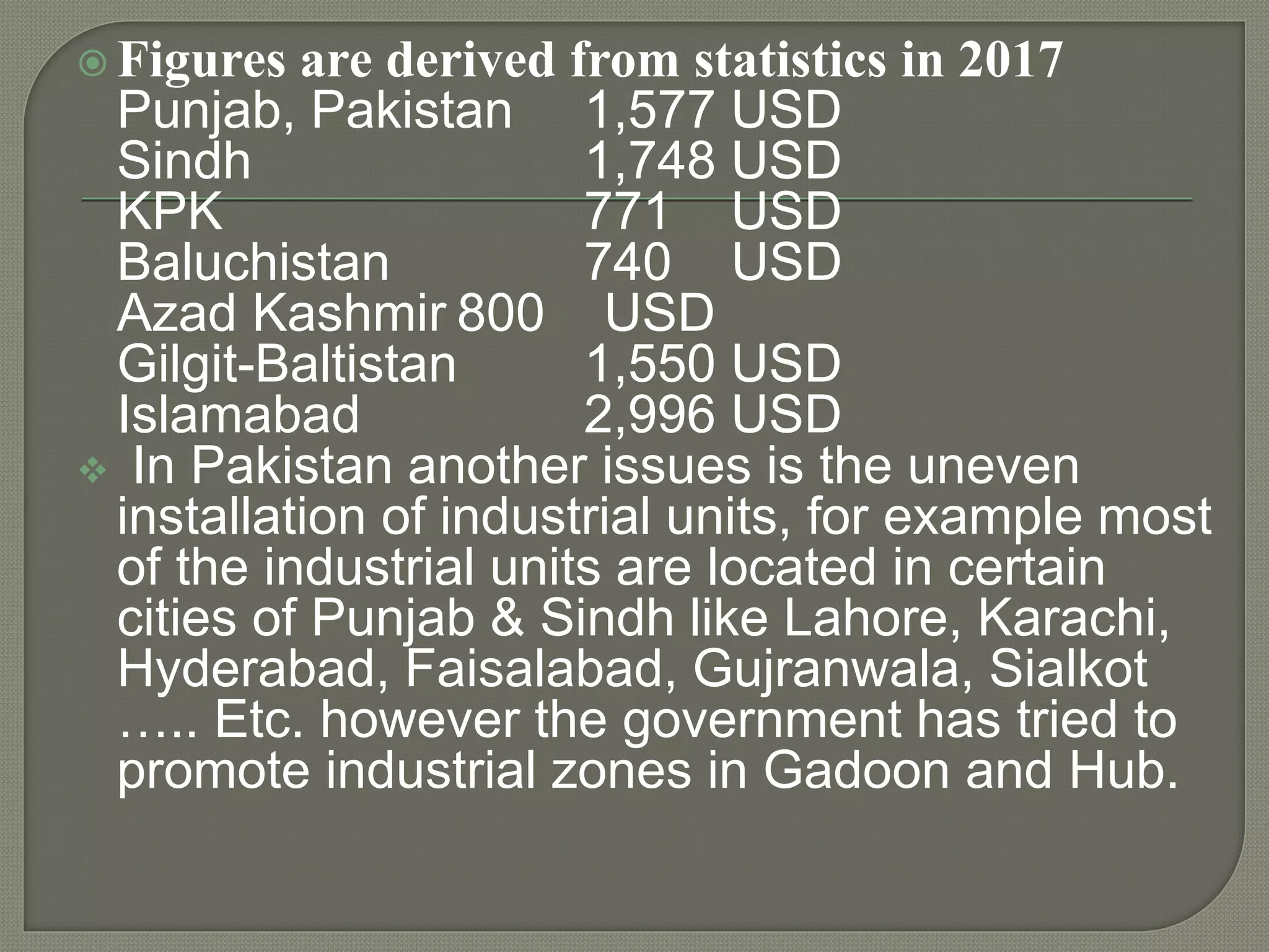  Figures are derived from statistics in 2017
Punjab, Pakistan 1,577 USD
Sindh 1,748 USD
KPK 771 USD
Baluchistan 740 USD
Azad Kashmir 800 USD
Gilgit-Baltistan 1,550 USD
Islamabad 2,996 USD
 In Pakistan another issues is the uneven
installation of industrial units, for example most
of the industrial units are located in certain
cities of Punjab & Sindh like Lahore, Karachi,
Hyderabad, Faisalabad, Gujranwala, Sialkot
….. Etc. however the government has tried to
promote industrial zones in Gadoon and Hub.
 