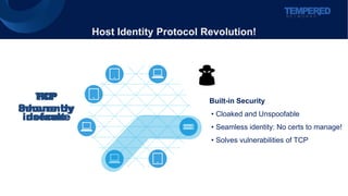 Host Identity Protocol Revolution!
Built-in Security
• Cloaked and Unspoofable
• Seamless identity: No certs to manage!
• ...