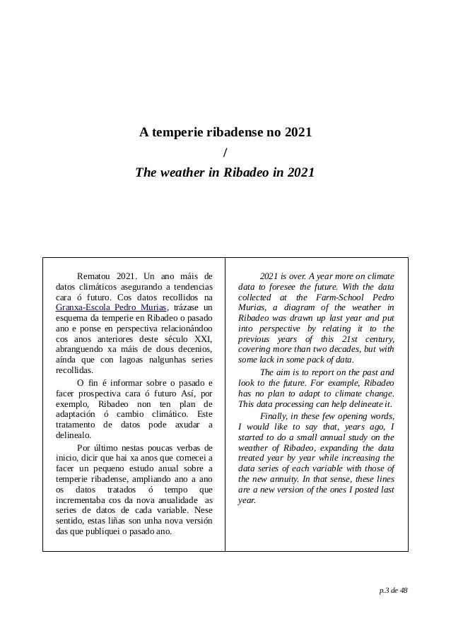 A temperie ribadense no 2021
/
The weather in Ribadeo in 2021
Rematou 2021. Un ano máis de
datos climáticos asegurando a tendencias
cara ó futuro. Cos datos recollidos na
Granxa-Escola Pedro Murias, trázase un
esquema da temperie en Ribadeo o pasado
ano e ponse en perspectiva relacionándoo
cos anos anteriores deste século XXI,
abranguendo xa máis de dous decenios,
aínda que con lagoas nalgunhas series
recollidas.
O fin é informar sobre o pasado e
facer prospectiva cara ó futuro Así, por
exemplo, Ribadeo non ten plan de
adaptación ó cambio climático. Este
tratamento de datos pode axudar a
delinealo.
Por último nestas poucas verbas de
inicio, dicir que hai xa anos que comecei a
facer un pequeno estudo anual sobre a
temperie ribadense, ampliando ano a ano
os datos tratados ó tempo que
incrementaba cos da nova anualidade as
series de datos de cada variable. Nese
sentido, estas liñas son unha nova versión
das que publiquei o pasado ano.
2021 is over. A year more on climate
data to foresee the future. With the data
collected at the Farm-School Pedro
Murias, a diagram of the weather in
Ribadeo was drawn up last year and put
into perspective by relating it to the
previous years of this 21st century,
covering more than two decades, but with
some lack in some pack of data.
The aim is to report on the past and
look to the future. For example, Ribadeo
has no plan to adapt to climate change.
This data processing can help delineate it.
Finally, in these few opening words,
I would like to say that, years ago, I
started to do a small annual study on the
weather of Ribadeo, expanding the data
treated year by year while increasing the
data series of each variable with those of
the new annuity. In that sense, these lines
are a new version of the ones I posted last
year.
p.3 de 48
 