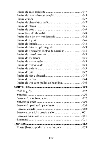Pudim de café com leite ................................................. 047
 Pudim de caramelo com maçãs ...................................... 045
 Pudim chinês .................................................................. 042
 Pudim de chocolate e café .............................................. 047
 Pudim de claras .............................................................. 045
 Pudim de coco ................................................................ 049
 Pudim fácil de chocolate ................................................ 048
 Pudim falso de leite condensado .................................... 042
 Pudim de iogurte ............................................................ 046
 Pudim de laranja ............................................................. 043
 Pudim de leite em pó integral ........................................ 043
 Pudim de limão com molho de baunilha ....................... 045
 Pudim de mamão e coco ................................................ 048
 Pudim de mandioca ........................................................ 045
 Pudim de maria-mole ..................................................... 043
 Pudim de milho verde .................................................... 043
 Pudim de padaria ............................................................ 043
 Pudim de pão .................................................................. 042
 Pudim de pão e abacaxi .................................................. 047
 Pudim de ricota ............................................................... 044
 Pudim de uva com molho de baunilha ........................... 046
SORVETES....................................................................... 050
 Café liegeóis ................................................................... 052
 Sorvetão .......................................................................... 050
 Sorvete de ameixas pretas .............................................. 052
 Sorvete de coco .............................................................. 050
 Sorvete de pudim de pacotinho ...................................... 050
 Sorvete variado ............................................................... 052
 Sorvetes com leite condensado ......................................051
 Sorvetes dietéticos .......................................................... 051
 Spumone ......................................................................... 051
TORTAS ............................................................................ 053
 Massa (básica) podre para tortas doces ......................... 053


                                         115
 