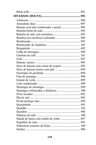 Balas toffe ....................................................................... 091
DIVERSOS (DOCES) ...................................................... 092
  Ambrosia ........................................................................ 096
  Amendoim doce ............................................................. 097
  Banana com leite condensado e queijo .......................... 094
  Bolacha bicho de seda .................................................... 093
  Bolacha de nata com amoníaco...................................... 093
  Bombas (ou carolinas) recheadas................................... 098
  Bombocado ..................................................................... 093
  Bombocado de mandioca ...............................................102
  Brigadeirão .....................................................................092
  Calda de morangos ......................................................... 098
  Charlote de café .............................................................. 101
  Cufa ................................................................................ 097
  Danone caseiro ............................................................... 095
  Doce de banana com creme de suspiro .......................... 095
  Doce de banana rústico com pão ................................... 094
  Envelopes de goiabada ................................................... 094
  Flan de morango ............................................................. 098
  Gelado de verão .............................................................. 099
  Leite condensado ............................................................ 099
  Merengue de morangos .................................................. 099
  Morangos sofisticados e dietéticos ................................ 100
  Ovos nevados .................................................................. 092
  Pão de mel ...................................................................... 095
  Pé-de-moleque fino ........................................................ 099
  Queijadinha .................................................................... 093
  Quindão .......................................................................... 102
  Quindim .......................................................................... 096
  Sabayon de café .............................................................. 100
  Salada de frutas com molho de vinho ............................ 097
  Sequilhos de nata ............................................................ 093
  Sobremesa cremosa de frutas ......................................... 100
  Sonhos ............................................................................ 096

                                           119
 