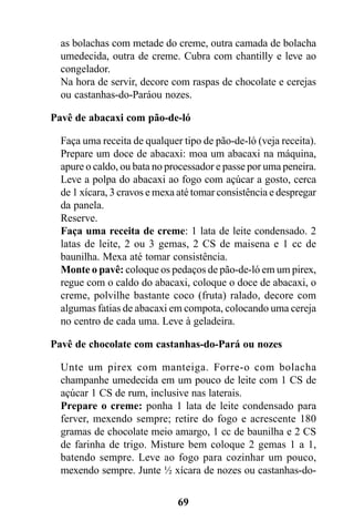as bolachas com metade do creme, outra camada de bolacha
  umedecida, outra de creme. Cubra com chantilly e leve ao
  congelador.
  Na hora de servir, decore com raspas de chocolate e cerejas
  ou castanhas-do-Paráou nozes.

Pavê de abacaxi com pão-de-ló

  Faça uma receita de qualquer tipo de pão-de-ló (veja receita).
  Prepare um doce de abacaxi: moa um abacaxi na máquina,
  apure o caldo, ou bata no processador e passe por uma peneira.
  Leve a polpa do abacaxi ao fogo com açúcar a gosto, cerca
  de 1 xícara, 3 cravos e mexa até tomar consistência e despregar
  da panela.
  Reserve.
  Faça uma receita de creme: 1 lata de leite condensado. 2
  latas de leite, 2 ou 3 gemas, 2 CS de maisena e 1 cc de
  baunilha. Mexa até tomar consistência.
  Monte o pavê: coloque os pedaços de pão-de-ló em um pirex,
  regue com o caldo do abacaxi, coloque o doce de abacaxi, o
  creme, polvilhe bastante coco (fruta) ralado, decore com
  algumas fatias de abacaxi em compota, colocando uma cereja
  no centro de cada uma. Leve à geladeira.

Pavê de chocolate com castanhas-do-Pará ou nozes

  Unte um pirex com manteiga. Forre-o com bolacha
  champanhe umedecida em um pouco de leite com 1 CS de
  açúcar 1 CS de rum, inclusive nas laterais.
  Prepare o creme: ponha 1 lata de leite condensado para
  ferver, mexendo sempre; retire do fogo e acrescente 180
  gramas de chocolate meio amargo, 1 cc de baunilha e 2 CS
  de farinha de trigo. Misture bem coloque 2 gemas 1 a 1,
  batendo sempre. Leve ao fogo para cozinhar um pouco,
  mexendo sempre. Junte ½ xícara de nozes ou castanhas-do-

                              69
 