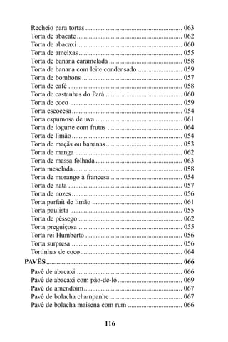 Recheio para tortas ......................................................... 063
  Torta de abacate .............................................................. 062
  Torta de abacaxi .............................................................. 060
  Torta de ameixas ............................................................. 055
  Torta de banana caramelada ........................................... 058
  Torta de banana com leite condensado .......................... 059
  Torta de bombons ........................................................... 057
  Torta de café ................................................................... 058
  Torta de castanhas do Pará ............................................. 060
  Torta de coco .................................................................. 059
  Torta escocesa ................................................................. 054
  Torta espumosa de uva ................................................... 061
  Torta de iogurte com frutas ............................................ 064
  Torta de limão ................................................................. 054
  Torta de maçãs ou bananas ............................................. 053
  Torta de manga ............................................................... 062
  Torta de massa folhada ................................................... 063
  Torta mesclada ................................................................ 058
  Torta de morango à francesa .......................................... 054
  Torta de nata ................................................................... 057
  Torta de nozes ................................................................. 056
  Torta parfait de limão ..................................................... 061
  Torta paulista .................................................................. 055
  Torta de pêssego ............................................................. 062
  Torta preguiçosa ............................................................. 055
  Torta rei Humberto ......................................................... 056
  Torta surpresa ................................................................. 056
  Tortinhas de coco............................................................ 064
PAVÊS ................................................................................ 066
  Pavê de abacaxi .............................................................. 066
  Pavê de abacaxi com pão-de-ló ...................................... 069
  Pavê de amendoim.......................................................... 067
  Pavê de bolacha champanhe........................................... 067
  Pavê de bolacha maisena com rum ................................ 066

                                          116
 
