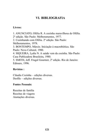 VI. BIBLIOGRAFIA

Livros:

1. ANUNCIATO, Ofélia R. A cozinha maravilhosa de Ofélia.
2ª edição. São Paulo: Melhoramentos, 1977.
2. Cozinhando com Ofélia. 2ª edição. São Paulo:
Melhoramentos, 1978.
3. BONTEMPO, Márcio. Iniciação à macrobiótica. São
Paulo: Nova Cultural, 1980.
4. SIQUEIRA, Lydia N. A saúde vem da cozinha. São Paulo:
Casa Publicadora Brasileira, 1980.
5. SMITH, Jeff. Frugal Gourmet, 2ª edição. Rio de Janeiro:
Ediouro, 1996.

Revistas :

Cláudia Cozinha – edições diversas.
Desfile – edições diversas.

Fontes Pessoais:

Receitas de família
Receitas de viagens
Anotações diversas.




                            121
 