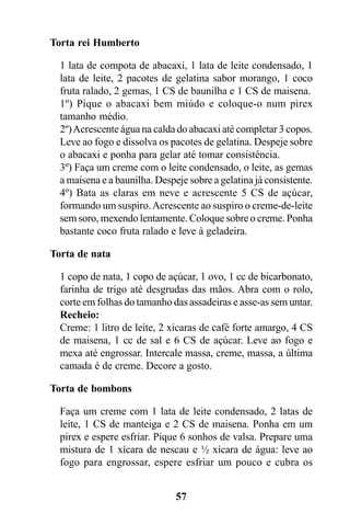 Torta rei Humberto

  1 lata de compota de abacaxi, 1 lata de leite condensado, 1
  lata de leite, 2 pacotes de gelatina sabor morango, 1 coco
  fruta ralado, 2 gemas, 1 CS de baunilha e 1 CS de maisena.
  1º) Pique o abacaxi bem miúdo e coloque-o num pirex
  tamanho médio.
  2º) Acrescente água na calda do abacaxi até completar 3 copos.
  Leve ao fogo e dissolva os pacotes de gelatina. Despeje sobre
  o abacaxi e ponha para gelar até tomar consistência.
  3º) Faça um creme com o leite condensado, o leite, as gemas
  a maisena e a baunilha. Despeje sobre a gelatina já consistente.
  4º) Bata as claras em neve e acrescente 5 CS de açúcar,
  formando um suspiro. Acrescente ao suspiro o creme-de-leite
  sem soro, mexendo lentamente. Coloque sobre o creme. Ponha
  bastante coco fruta ralado e leve à geladeira.

Torta de nata

  1 copo de nata, 1 copo de açúcar, 1 ovo, 1 cc de bicarbonato,
  farinha de trigo até desgrudas das mãos. Abra com o rolo,
  corte em folhas do tamanho das assadeiras e asse-as sem untar.
  Recheio:
  Creme: 1 litro de leite, 2 xícaras de café forte amargo, 4 CS
  de maisena, 1 cc de sal e 6 CS de açúcar. Leve ao fogo e
  mexa até engrossar. Intercale massa, creme, massa, a última
  camada é de creme. Decore a gosto.

Torta de bombons

  Faça um creme com 1 lata de leite condensado, 2 latas de
  leite, 1 CS de manteiga e 2 CS de maisena. Ponha em um
  pirex e espere esfriar. Pique 6 sonhos de valsa. Prepare uma
  mistura de 1 xícara de nescau e ½ xícara de água: leve ao
  fogo para engrossar, espere esfriar um pouco e cubra os


                               57
 