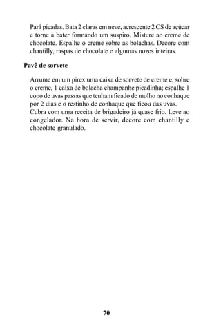 Pará picadas. Bata 2 claras em neve, acrescente 2 CS de açúcar
  e torne a bater formando um suspiro. Misture ao creme de
  chocolate. Espalhe o creme sobre as bolachas. Decore com
  chantilly, raspas de chocolate e algumas nozes inteiras.

Pavê de sorvete

  Arrume em um pirex uma caixa de sorvete de creme e, sobre
  o creme, 1 caixa de bolacha champanhe picadinha; espalhe 1
  copo de uvas passas que tenham ficado de molho no conhaque
  por 2 dias e o restinho de conhaque que ficou das uvas.
  Cubra com uma receita de brigadeiro já quase frio. Leve ao
  congelador. Na hora de servir, decore com chantilly e
  chocolate granulado.




                              70
 