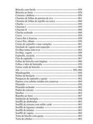 Brócolis com farofa -------------------------------------------------- 058
Brócolis ao forno ----------------------------------------------------- 058
Cenoura e abóbora ---------------------------------------------------- 056
Charutos de folhas de parreira de uva ----------------------------- 061
Charutos de folhas de repolho ou couve -------------------------- 060
Chuchu ----------------------------------------------------------------- 056
Chucrute I ------------------------------------------------------------- 059
Chucrute II ------------------------------------------------------------ 060
Chuchu recheado ----------------------------------------------------- 060
Couve ------------------------------------------------------------------ 056
Couve-flor à francesa ------------------------------------------------ 058
Couve-flor, rábano --------------------------------------------------- 056
Creme de espinafre e suas variações ------------------------------ 061
Enrolado de vagem com requeijão --------------------------------- 067
Ervilhas tortas com ovos -------------------------------------------- 062
Ervilhas, vagens ------------------------------------------------------ 056
Espinafre, escarola --------------------------------------------------- 056
Flan de espinafre ------------------------------------------------------ 067
Folhas de brócolis com lingüiça ----------------------------------- 066
Folhas e talos de beterraba ------------------------------------------ 056
Forma verde de brócolis --------------------------------------------- 066
Jiló --------------------------------------------------------------- 056, 066
Mandioquinha -------------------------------------------------------- 056
Palitos de berinjela --------------------------------------------------- 058
Panquecas de espinafre e queijo ----------------------------------- 062
Pepinos e/ou cebolas miúdas em conservas ---------------------- 064
Pimentão --------------------------------------------------------------- 056
Pimentão recheado --------------------------------------------------- 062
Pudim de cenoura ---------------------------------------------------- 064
Quiabos ---------------------------------------------------------------- 063
Repolho ao forno ----------------------------------------------------- 067
Sanduíche de berinjela ----------------------------------------------- 058
Soufflé de abobrinhas ------------------------------------------------ 063
Soufflé de cenoura com milho verde ------------------------------ 063
Soufflé de legumes variados ---------------------------------------- 063
Soufflé de tomates --------------------------------------------------- 063
Soufflé de vagens, ---------------------------------------------------- 064
Torta de bócolis com queijo ---------------------------------------- 065
Torta de cebolas ------------------------------------------------------- 065
 