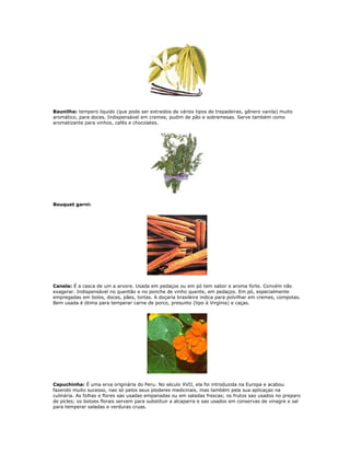 Baunilha: tempero liquido (que pode ser extraidos de vários tipos de trepadeiras, gênero vanila) muito
aromático, para doces. Indispensável em cremes, pudim de pão e sobremesas. Serve também como
aromatizante para vinhos, cafés e chocolates.




Bouquet garni:




Canela: É a casca de um a arvore. Usada em pedaços ou em pó tem sabor e aroma forte. Convém não
exagerar. Indispensável no quentão e no ponche de vinho quente, em pedaços. Em pó, especialmente
empregadas em bolos, doces, pães, tortas. A doçaria brasileira indica para polvilhar em cremes, compotas.
Bem usada é ótima para temperar carne de porco, presunto (tipo à Virgínia) e caças.




Capuchinha: É uma erva originária do Peru. No século XVII, ela foi introduzida na Europa e acabou
fazendo muito sucesso, nao só pelos seus ploderes medicinais, mas também pela sua aplicaçao na
culinária. As folhas e flores sao usadas empanadas ou em saladas frescas; os frutos sao usados no preparo
de picles; os botoes florais servem para substituir a alcaparra e sao usados em conservas de vinagre e sal
para temperar saladas e verduras cruas.
 