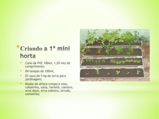 *
• Cano de PVC 100x4, 1,20 mts de
comprimento;
• 04 tampas de 100x4;
• 01 saco de 5 kg de terra para
jardinagem;
• Mudas de alface crespo e roso,
cebolinha, salsa, hortelã, coentro,
erva doce, erva cidreira, arruda,
camomila;
 
