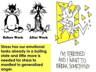 Stress has our emotional
tanks already in a boiling
state and little more is
needed for stress to
manifest in generalized
anger.

 