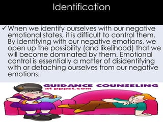 Identification
 When we identify ourselves with our negative
emotional states, it is difficult to control them.
By identifying with our negative emotions, we
open up the possibility (and likelihood) that we
will become dominated by them. Emotional
control is essentially a matter of disidentifying
with or detaching ourselves from our negative
emotions.

 