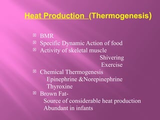 Heat Production (Thermogenesis)
 BMR
 Specific Dynamic Action of food
 Activity of skeletal muscle
Shivering
Exercise
 Chemical Thermogenesis
Epinephrine &Norepinephrine
Thyroxine
 Brown Fat-
Source of considerable heat production
Abundant in infants
 