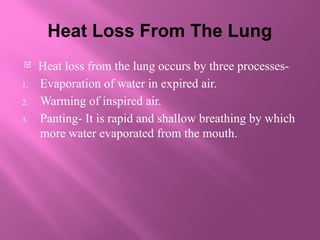 Heat Loss From The Lung
 Heat loss from the lung occurs by three processes-
1. Evaporation of water in expired air.
2. Warming of inspired air.
3. Panting- It is rapid and shallow breathing by which
more water evaporated from the mouth.
 