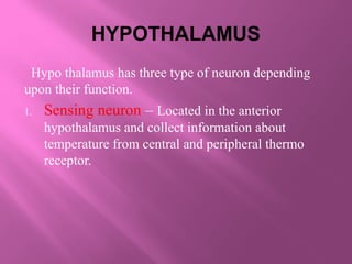 HYPOTHALAMUS
Hypo thalamus has three type of neuron depending
upon their function.
1. Sensing neuron – Located in the anterior
hypothalamus and collect information about
temperature from central and peripheral thermo
receptor.
 