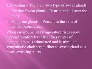 2. Sweating – There are two type of sweat glands.
1. Eccrine Sweat gland – Distributed all over the
body.
2. Apocrine glands – Present in the skin of
axilla, pubic, areas.
When environmental temperature rises above
thermal comfort level heat loss center of
hypothalamus is stimulated and it stimulate
sympathetic cholinergic fiber to sweat gland as a
result sweating starts.
 