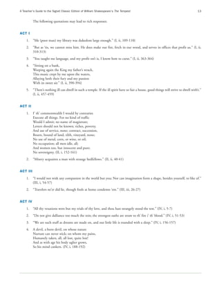 A Teacher’s Guide to the Signet Classic Edition of William Shakespeare’s The Tempest                                                     13


          The following quotations may lead to rich responses:


ACT I
    1.    “Me (poor man) my library was dukedom large enough.” (I, ii, 109-110)
    2.    “But as ‘tis, we cannot miss him. He does make our fire, fetch in our wood, and serves in offices that profit us.” (I, ii,
          310-313)
    3.    “You taught me language, and my profit on’t is, I know how to curse.” (I, ii, 363-364)
    4.    “Sitting on a bank,
          Weeping again the King my father’s wrack,
          This music crept by me upon the waters,
          Allaying both their fury and my passion
          With its sweet air.” (I, ii, 390-394)
    5.    “There’s nothing ill can dwell in such a temple. If the ill spirit have so fair a house, good things will strive to dwell with’t.”
          (I, ii, 457-459)


ACT II
    1.    I’ th’ commonwealth I would by contraries
          Execute all things. For no kind of traffic
          Would I admit; no name of magistrate;
          Letters should not be known; riches, poverty,
          And use of service, none; contract, succession,
          Bourn, bound of land, tilth, vineyard, none;
          No use of metal, corn, or wine, or oil;
          No occupation; all men idle, all;
          And women too, but innocent and pure;
          No sovereignty. (II, i, 152-161)
    2.    “Misery acquaints a man with strange bedfellows.” (II, ii, 40-41)


ACT III
    1.    “I would not wish any companion in the world but you; Nor can imagination form a shape, besides yourself, to like of.”
          (III, i, 54-57)
    2.    “Travelers ne’er did lie, though fools at home condemn ‘em.” (III, iii, 26-27)


ACT IV
    1.    “All thy vexations were but my trials of thy love, and thou hast strangely stood the test.” (IV, i, 5-7)
    2.    “Do not give dalliance too much the rein; the strongest oaths are straw to th’ fire i’ th’ blood.” (IV, i, 51-53)
    3.    “We are such stuff as dreams are made on, and our little life is rounded with a sleep.” (IV, i, 156-157)
    4.    A devil, a born devil, on whose nature
          Nurture can never stick; on whom my pains,
          Humanely taken, all, all lost, quite lost!
          And as with age his body uglier grows,
          So his mind cankers. (IV, i, 188-192)
 