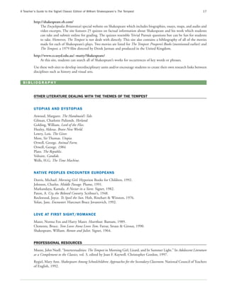 A Teacher’s Guide to the Signet Classic Edition of William Shakespeare’s The Tempest                                             17


         http://shakespeare.eb.com/
             The Encyclopedia Britannica’s special website on Shakespeare which includes biographies, essays, maps, and audio and
             video excerpts. The site features 25 quizzes on factual information about Shakespeare and his work which students
             can take and submit online for grading. The quizzes resemble Trivial Pursuit questions but can be fun for students
             to take. However, The Tempest is not dealt with directly. This site also contains a bibliography of all of the movies
             made for each of Shakespeare’s plays. Two movies are listed for The Tempest: Prospero’s Books (mentioned earlier) and
             The Tempest, a 1979 film directed by Derek Jarman and produced in the United Kingdom.
         http://www.cs.usyd.edu.au/~matty/Shakespeare/
             At this site, students can search all of Shakespeare’s works for occurrences of key words or phrases.
         Use these web sites to develop interdisciplinary units and/or encourage students to create their own research links between
         disciplines such as history and visual arts.

 BIBLIOGRAPHY


         OTHER LITERATURE DEALING WITH THE THEMES OF THE TEMPEST


         UTOPIAS AND DYSTOPIAS
         Atwood, Margaret. The Handmaid’s Tale.
         Gilman, Charlotte Pulionds. Herland.
         Golding, William. Lord of the Flies.
         Huxley, Aldous. Brave New World.
         Lowry, Lois. The Giver.
         More, Sir Thomas. Utopia.
         Orwell, George. Animal Farm.
         Orwell, George. 1984.
         Plato. The Republic.
         Voltaire. Candide.
         Wells, H.G. The Time Machine.


         NATIVE PEOPLES ENCOUNTER EUROPEANS
         Dorris, Michael. Morning Girl. Hyperion Books for Children, 1992.
         Johnson, Charles. Middle Passage. Plume, 1991.
         Markandaya, Kamala. A Nectar in a Sieve. Signet, 1982.
         Paton, A. Cry, the Beloved Country. Scribner’s, 1948.
         Rockwood, Joyce. To Spoil the Sun. Holt, Rinehart & Winston, 1976.
         Yolan, Jane. Encounter. Harcourt Brace Jovanovich, 1992.


         LOVE AT FIRST SIGHT/ROMANCE
         Mazer, Norma Fox and Harry Mazer. Heartbeat. Bantam, 1989.
         Clements, Bruce. Tom Loves Anna Loves Tom. Farrar, Straus & Giroux, 1990.
         Shakespeare, William. Romeo and Juliet. Signet, 1964.


         PROFESSIONAL RESOURCES
         Moore, John Noell. “Intertextualities: The Tempest in Morning Girl, Lizard, and In Summer Light.” In Adolescent Literature
         as a Complement to the Classics, vol. 3, edited by Joan F. Kaywell. Christopher Gordon, 1997.
         Rygiel, Mary Ann. Shakespeare Among Schoolchildren: Approaches for the Secondary Classroom. National Council of Teachers
         of English, 1992.
 