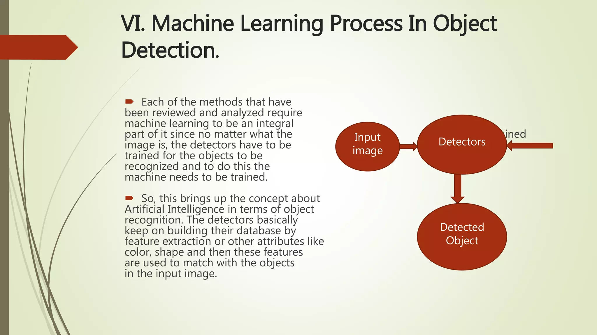 VI. Machine Learning Process In Object
Detection.
 Each of the methods that have
been reviewed and analyzed require
machine learning to be an integral
part of it since no matter what the Trained
image is, the detectors have to be
trained for the objects to be
recognized and to do this the
machine needs to be trained.
 So, this brings up the concept about
Artificial Intelligence in terms of object
recognition. The detectors basically
keep on building their database by
feature extraction or other attributes like
color, shape and then these features
are used to match with the objects
in the input image.
Input
image
Detected
Object
Detectors
 