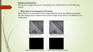 Background Subtraction
The result of image sequences computed by the method here is in the following
figures.
• When there is no movement in the frames.
When there is no movement in the image sequences then the difference between
the two images shows a black binary output image shows there is no difference in a
single pixel.
(a) Input first frame (b) Input second frame
Binary image of difference image.Difference between two frames
 