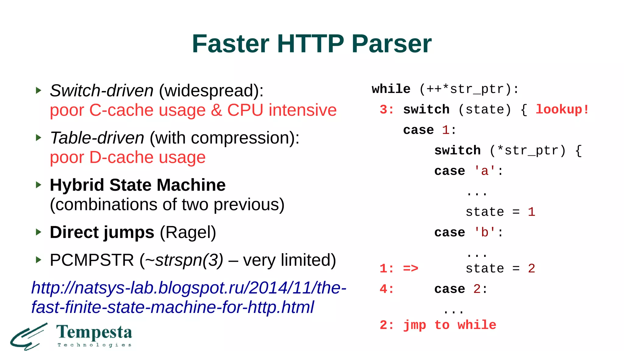 Faster HTTP Parser
Switch-driven (widespread):
poor C-cache usage & CPU intensive
Table-driven (with compression):
poor D-cache usage
Hybrid State Machine
(combinations of two previous)
Direct jumps (Ragel)
PCMPSTR (~strspn(3) – very limited)
http://natsys-lab.blogspot.ru/2014/11/the-
fast-finite-state-machine-for-http.html
while (++*str_ptr):
3: switch (state) { lookup!
case 1:
switch (*str_ptr) {
case 'a':
...
state = 1
case 'b':
...
1: => state = 2
4: case 2:
...
2: jmp to while
 