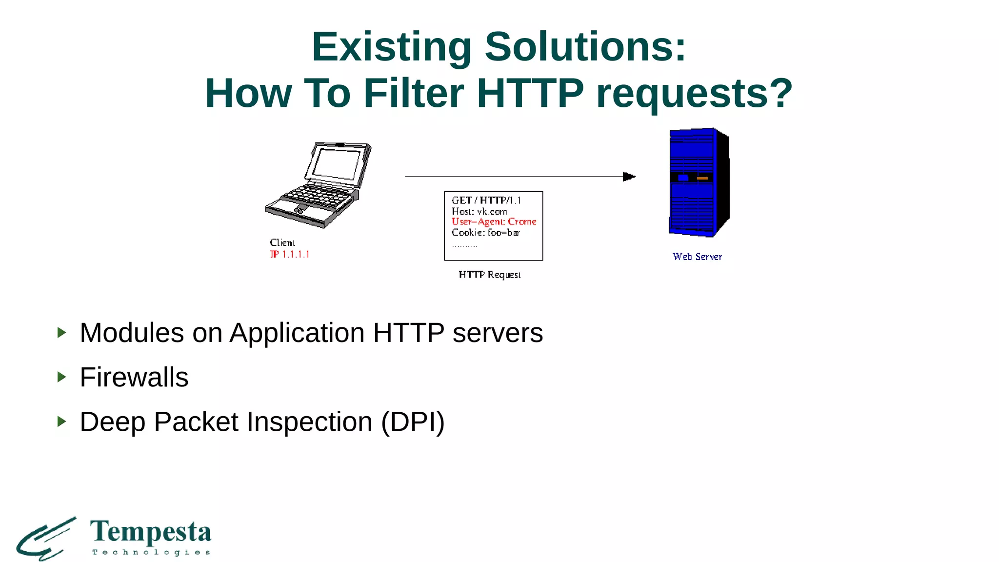 Existing Solutions:
How To Filter HTTP requests?
Modules on Application HTTP servers
Firewalls
Deep Packet Inspection (DPI)
 