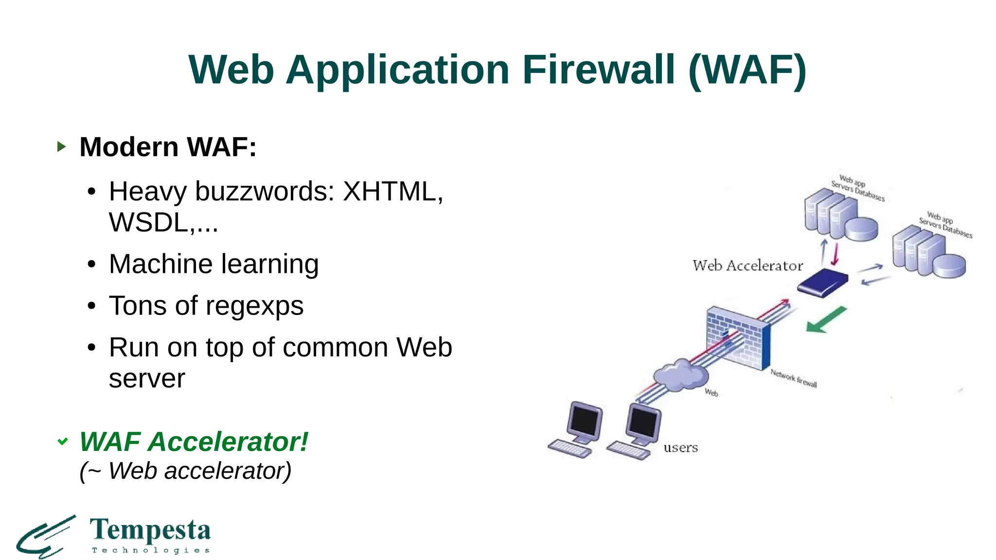 Web Application Firewall (WAF)
Modern WAF:
● Heavy buzzwords: XHTML,
WSDL,...
● Machine learning
● Tons of regexps
● Run on top of common Web
server
WAF Accelerator!
(~ Web accelerator)
 