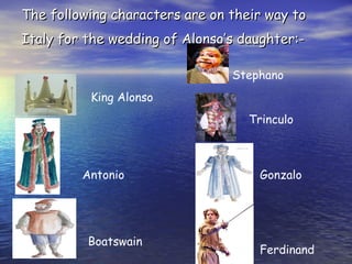 The following characters are on their way to
Italy for the wedding of Alonso’s daughter:-

                                Stephano
          King Alonso
                                   Trinculo



         Antonio                    Gonzalo




          Boatswain
                                    Ferdinand
 