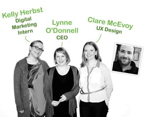 Kelly Herbst
   Digital      Lynne      Clare M
     rketing                       cEvoy
  Ma                         UX Des
    Intern     O'Donnell            ign
                 CEO
 