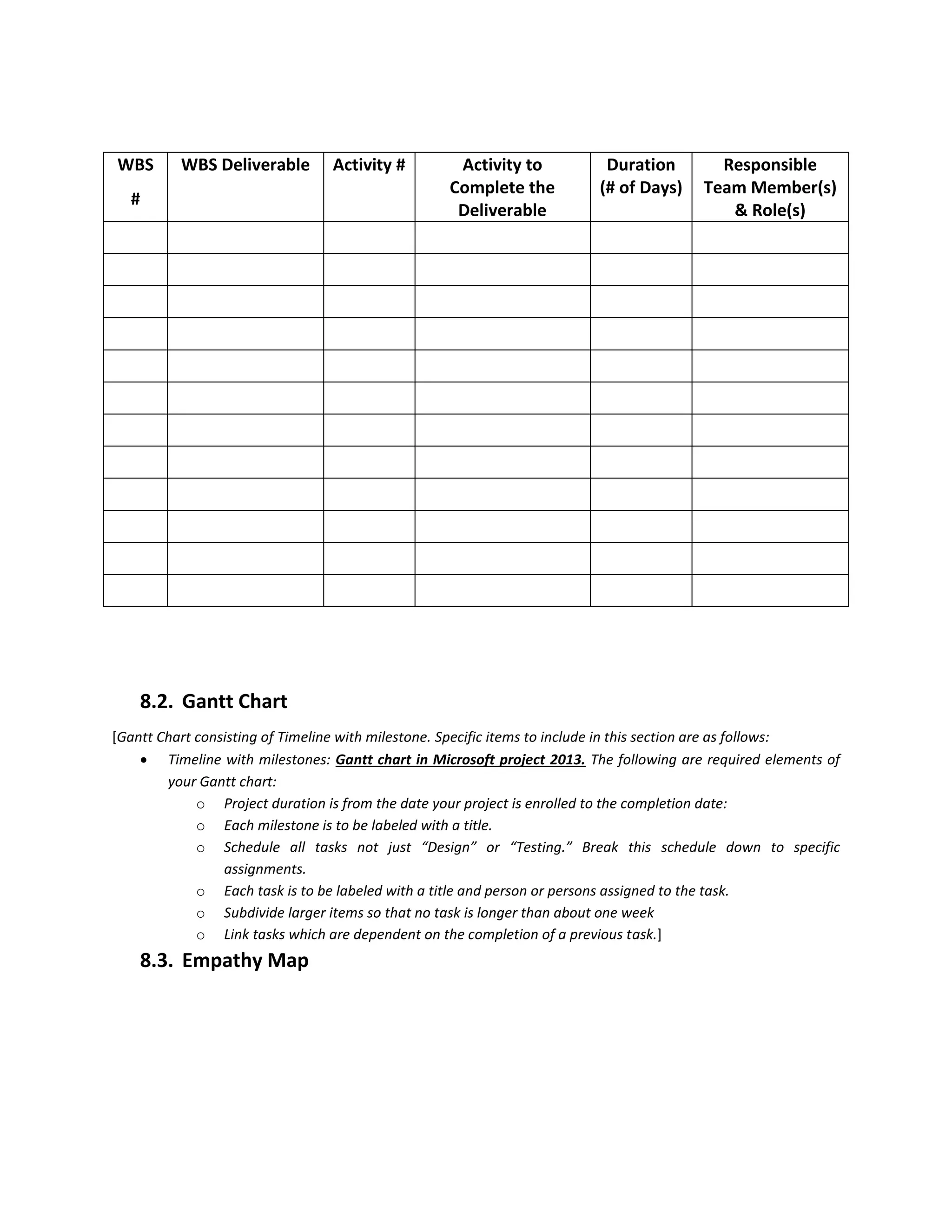 WBS
#
WBS Deliverable Activity # Activity to
Complete the
Deliverable
Duration
(# of Days)
Responsible
Team Member(s)
& Role(s)
8.2. Gantt Chart
[Gantt Chart consisting of Timeline with milestone. Specific items to include in this section are as follows:
• Timeline with milestones: Gantt chart in Microsoft project 2013. The following are required elements of
your Gantt chart:
o Project duration is from the date your project is enrolled to the completion date:
o Each milestone is to be labeled with a title.
o Schedule all tasks not just “Design” or “Testing.” Break this schedule down to specific
assignments.
o Each task is to be labeled with a title and person or persons assigned to the task.
o Subdivide larger items so that no task is longer than about one week
o Link tasks which are dependent on the completion of a previous task.]
8.3. Empathy Map
 