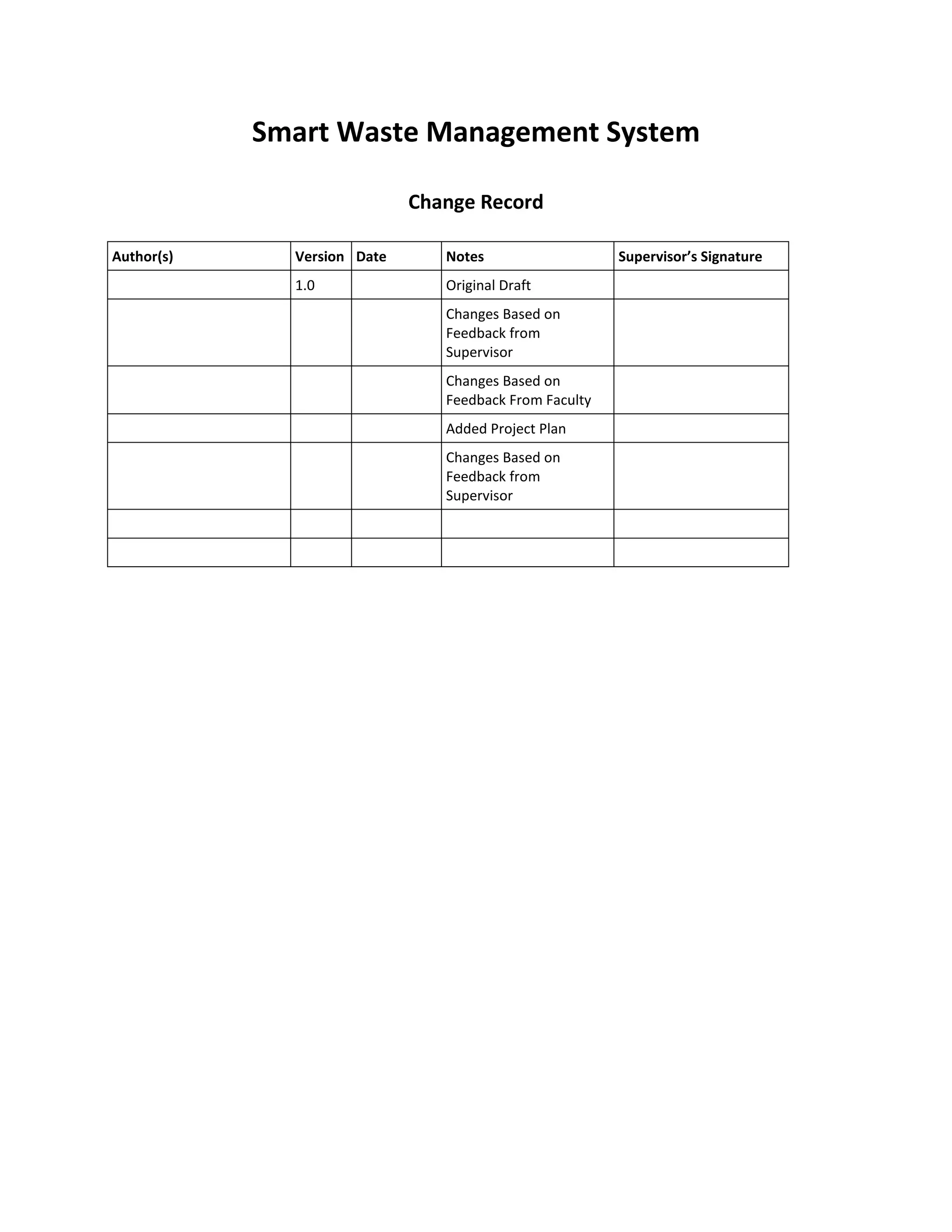 Smart Waste Management System
Change Record
Author(s) Version Date Notes Supervisor’s Signature
1.0 Original Draft
Changes Based on
Feedback from
Supervisor
Changes Based on
Feedback From Faculty
Added Project Plan
Changes Based on
Feedback from
Supervisor
 