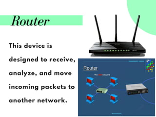 Router
This device is
designed to receive,
analyze, and move
incoming packets to
another network.
 
