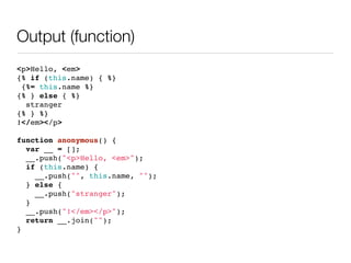 Output (function)
<p>Hello, <em>
{% if (this.name) { %}
 {%= this.name %}
{% } else { %}
  stranger
{% } %}
!</em></p>

function anonymous() {
  var __ = [];
  __.push("<p>Hello, <em>");
  if (this.name) {
    __.push("", this.name, "");
  } else {
    __.push("stranger");
  }
  __.push("!</em></p>");
  return __.join("");
}
 
